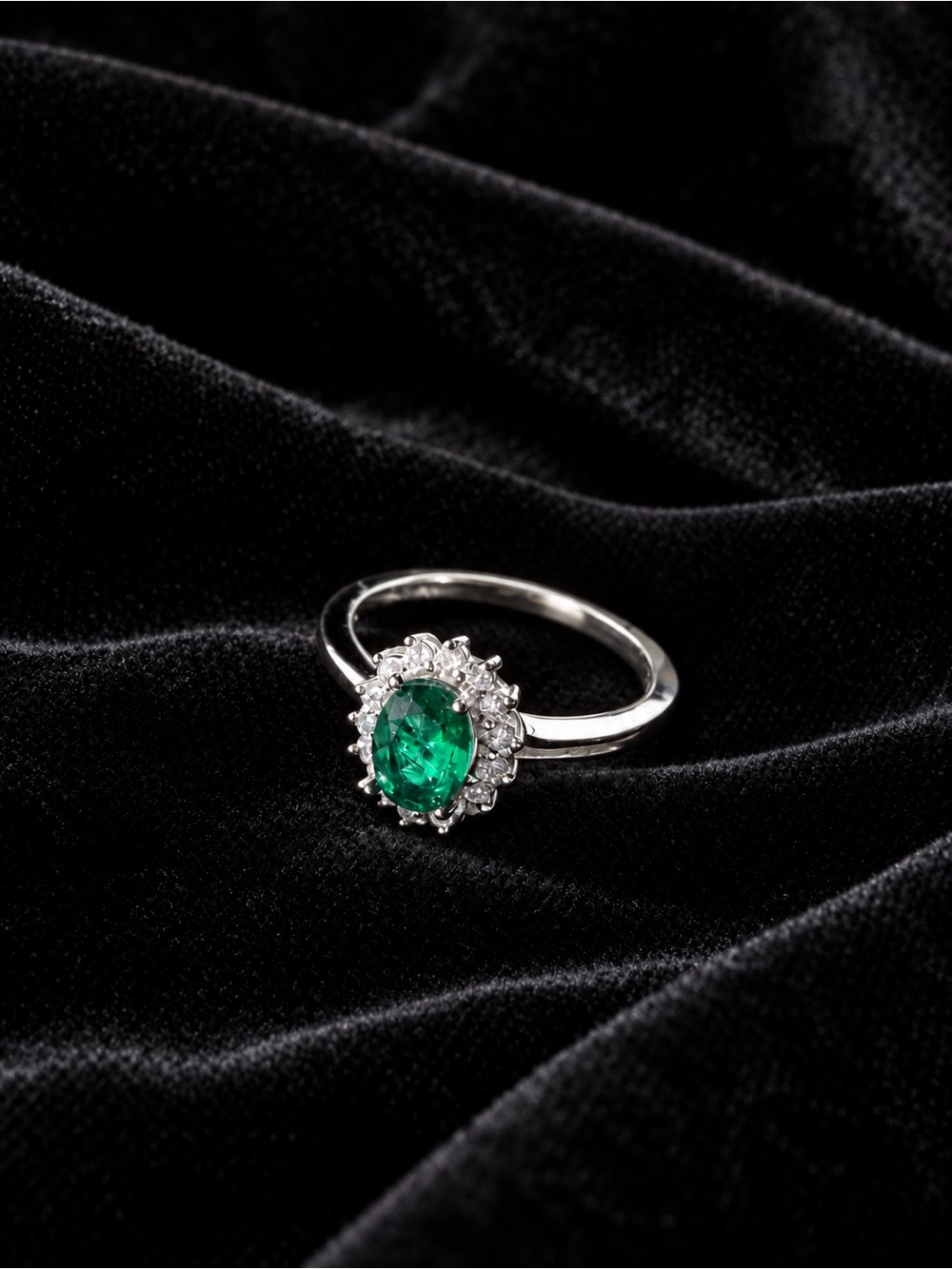 Silver Emerald Halo Ring Size 8